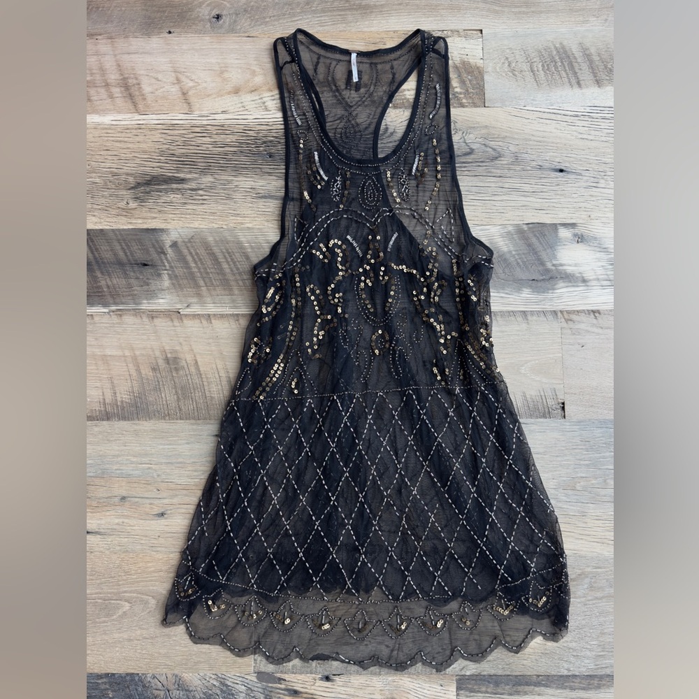 Free People Sheer Black and Gold Slip Dress